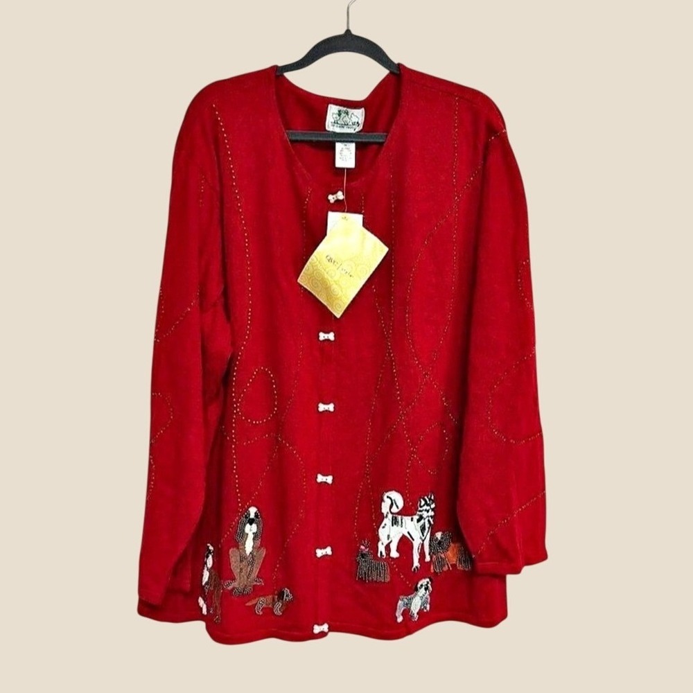 The Quacker Factory New Size 3X Beaded Dog and Dog Bone Button Cardigan in Red